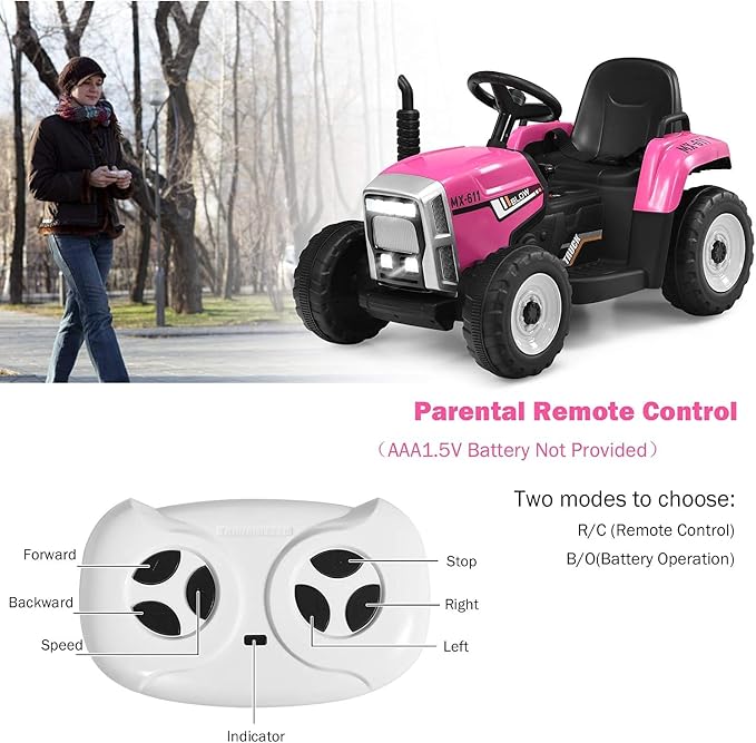 Costzon Ride on Tractor with Detachable Trailer, Kids' Electric Vehicles w/3-Gear-Shift Ground Loader, Wireless Design & USB, 7 LED Headlights, Remote Control Tractor Toy for Kids 3+ (12V, Pink)