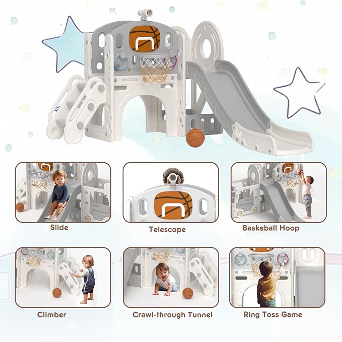XJD 8 in 1 Toddler Slide Set, Kids Slide for Toddlers Age 1+, Climber Slide PlaySet with Basketball Hoop and Ball,Outdoor Indoor Playground for Toddlers 1-3 (Beige Grey, 8 in 1)