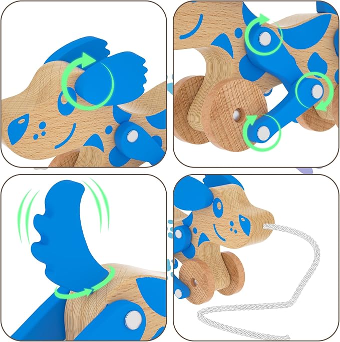 Montessori Toys 1 2 3 4 Years Old Boys Girls Wooden Walking Pull Dog Toy for Baby Toddler, Pull Along Walking Toys, Walk Along Puppy Pull, Wooden Pull & Push Toy (Blue)