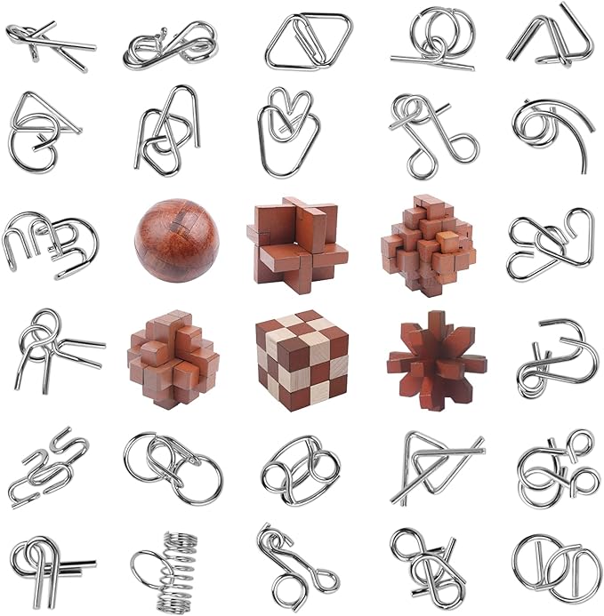 RLYLF 30pcs Brain Teaser Puzzles Game for Adults and Kids Ancient Wooden and Metal Puzzles 3D Educational Toys IQ Logic Train Family Games Party Favor Coffee Time Unlock Interlock Puzzles Box