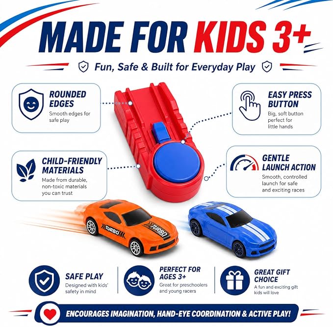 Die Cast Toy Cars with Catapult Launcher | 2 die-cast sports cars with a manual press launcher for indoor racing and vehicle-themed play.