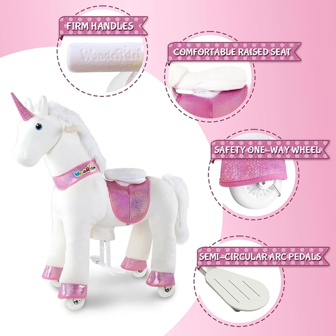 WondeRides Ride on Unicorn Horse Rider Pony Cycle Toy, 30.1 Inch Height Riding Pony White Unicorn Toy Plush Rocking Mechanical Walking Animal with Wheels No Battery Size 3 for Kids 3-5 Years M332-1
