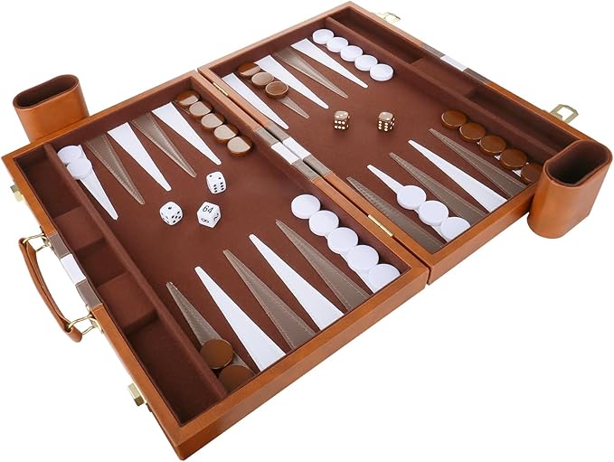 Backgammon Set - Classic Board Game with Premium PU Leather Case & Portable Travel Strategy Backgammon Game Set for Adults, Kids Family Game Night, Vacation & Giftss (11inch Small, Brown)