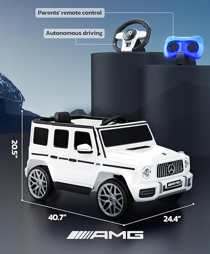 ELEMARA Licensed Mercedes-Benz AMG G63 Ride on Toys,Electric Car for Kids W/Parents Control,Electric Powered G Wagon Ride On Truck Toy,Low Battery Prompt,Bluetooth,Flickering Lights/LED Lights, White