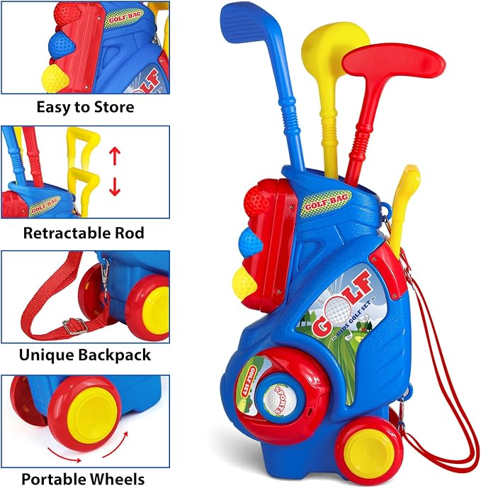 Toddler Golf Set for Boys Girls 2 3 4 Years Old, Upgraded Kids Golf Cart with Putting Mat & Cornhole Board, Outdoor Indoor Sports Toys, Blue