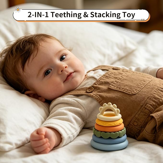 LITTLE RAWR 2-in-1 Baby Stacking Rings & Teething Toys, Food Grade Silicone Montessori Stacking Toy for Babies 6-12 Months, Sensory Learning & Fine Motor Skills Toy, Baby Gift for Boys Girls (Sun)