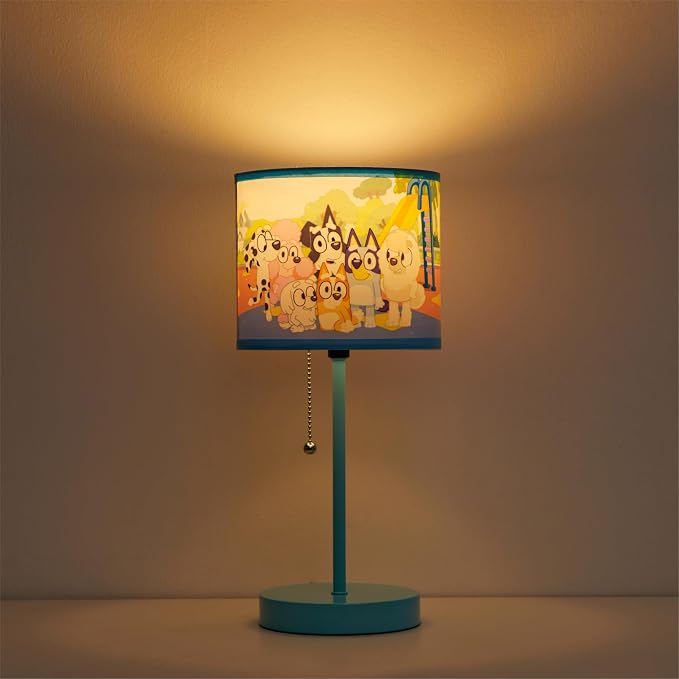 Bluey Table Lamp for Kids,Stick Lamp with Printed Shade & Pull Chain,Bedroom or Nursery Nightstand Lighting,Official Bluey Merchandise