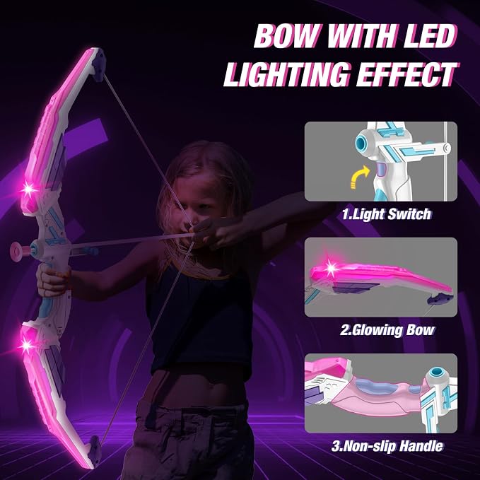 HYES 2 Pack Bow and Arrow for Kids, LED Light Up Unicorn Archery Set with 24 Suction Cup Arrows, 1 Standing Glow Target, 6 Score Targets & 2 Quivers, Indoor Outdoor Sport Toys for Girls Ages 4-12