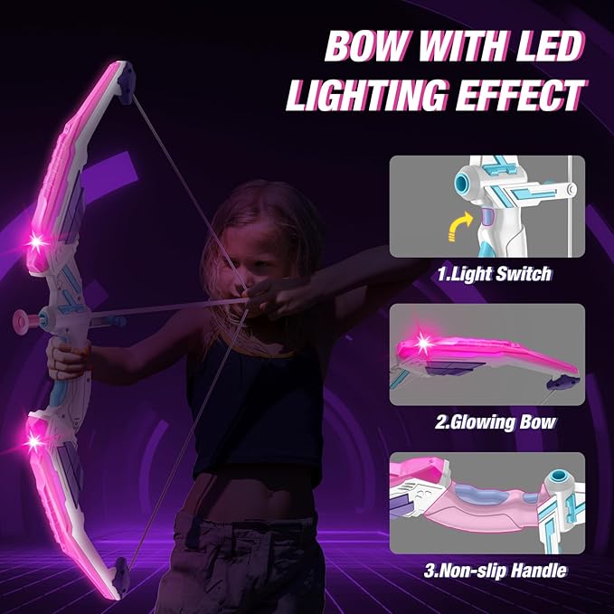 HYES 2 Pack Bow and Arrow for Kids 4-6, LED Light Up Archery Set with 24 Suction Cup Arrows, 1 Standing Target, 6 Score Targets & 2 Quiver, Indoor Outdoor Sport for Girls Ages 8-12