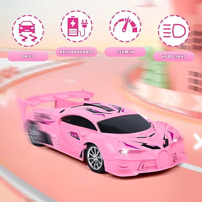 Pink Remote Control Car for Girls, Rechargeable High Speed Drift RC Cars Toys Gifts for Girl Age 6 7 8-12,1/18 Super Vehicle with Headlight Racing Hobby Xmas Birthday Gift