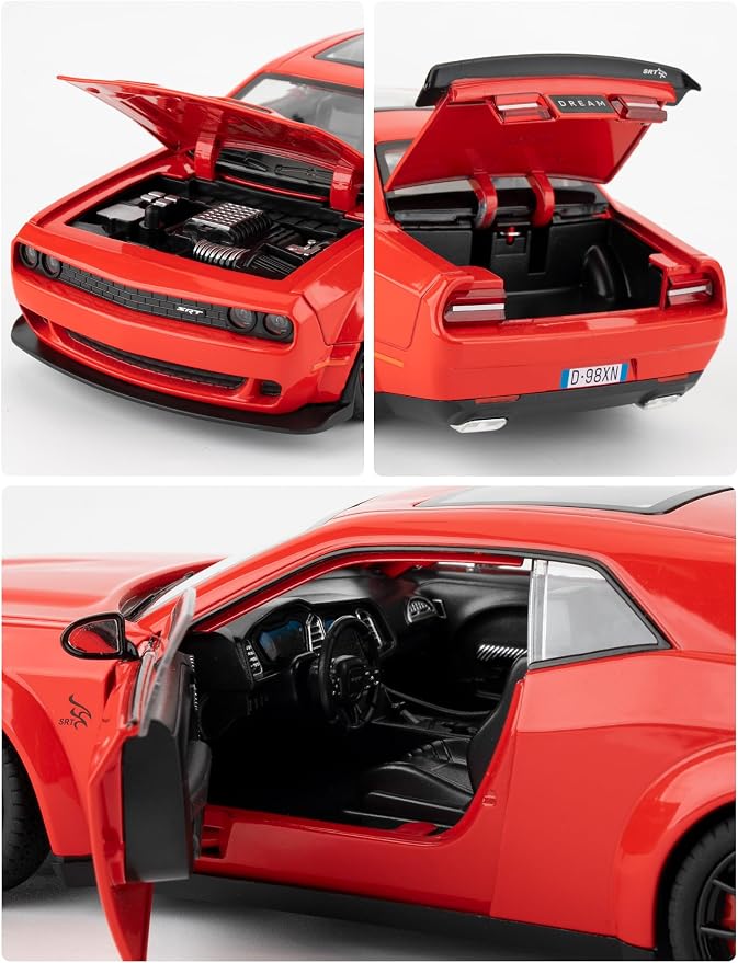 Compatible for 1/24 Dodge Challenger SRT Hellcat Car Model, Collectible Diecast Model Car with Lights and Sounds,Pull Back Car Toy for Adults Kids Birthday Gifts Decoration(Red)