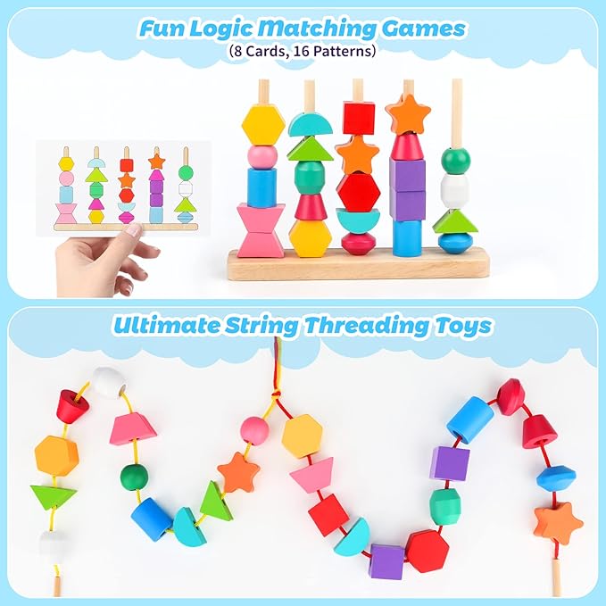 Montessori Wooden Beads Sequencing Toy Set, Stacking Blocks & Lacing Beads & Matching Shape Stacker, Montessori Toys for 3 4 5 Year Old STEM Preschool Learning Toys Gifts for Kids Boy Girl Toddler