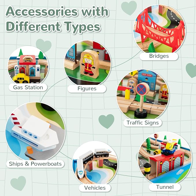 INFANS Train Table, 80 Pieces Wooden Kids Activity Toy Table Playset with Reversible Detachable Tabletop, Tracks, Train, Railway, City, Gift for Toddler Boys Girls Ages 3+ (32.5" x 23.5" x 16")