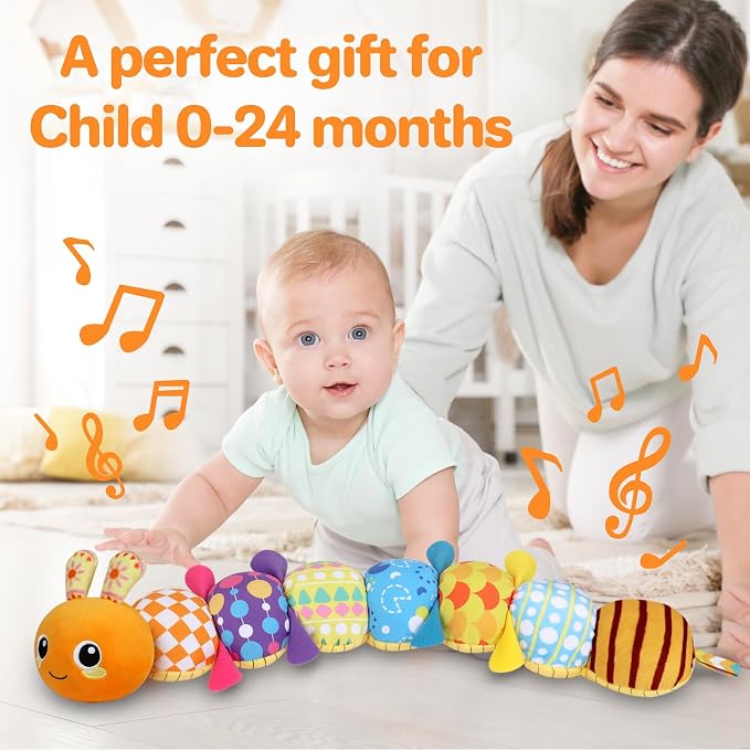 KMUYSL Baby Sensory Caterpillar Toys for 0-6 6-12 Months, Soft Plush Activity Toy with Crinkle, Rattle & Gentle Music, Tummy Time Toy for Infant Newborn, Early Development Toy Shower Gifts for Baby