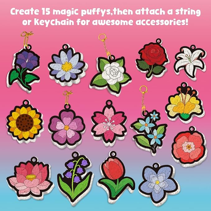 MZYTOZA Magic Foam Texture Painting Kit - 3D Art Craft Aqua Magic Puffs Paint Kit, 15 Mess-Free Paint by Number Craft for Kids (Flowers)