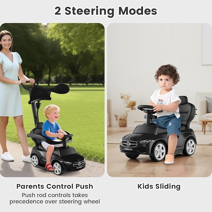 OLAKIDS Push Car for Toddlers, 3 in 1 Licensed Mercedes Benz Baby Sliding Walking with Parent Control Handle Adjustable Canopy Guardrail Under Seat Storage, Kids Ride on Toys with Horn (Dark)