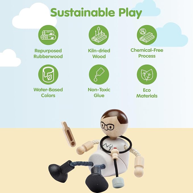 PlanToys® Wooden Doctor Role Play Doll | Poseable 1:12 Scale Character Figure for Dollhouse Play, Medical Scenarios & Social Interaction | Eco Friendly Montessori Pretend Play Figure
