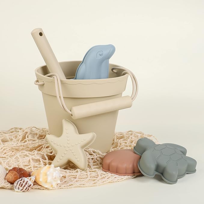 BLUE GINKGO Silicone Beach Toys - Modern Baby Beach Toys | Travel Friendly Beach Set | Silicone Bucket, Shovel, 4 Sand Molds, Beach Bag | Silicone Sand Toys for Toddlers, Kids - Beige