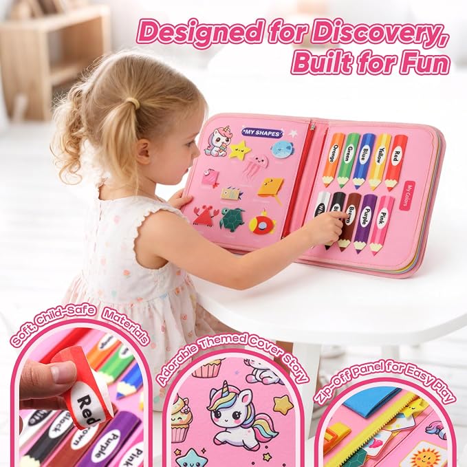 Unicorn Busy Book for Toddlers Ages 1-3, Educational Montessori Toys | 8-in-1 Montessori Toys, Educational Activity Board, Sensory Travel Toys, Ages 2-4 & Baby 6-12 Months