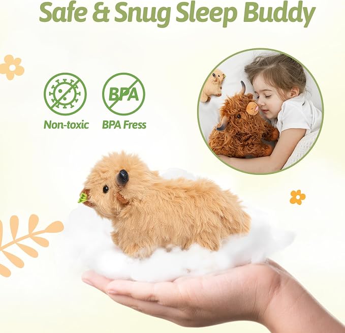 OUOZZZ Highland Cow Stuffed Animal, 14.5" Large Mom and 4 Babies Set | Realistic Fluffy Plush Toy, Includes 4 Baby Calves, Travel-Friendly & Portable