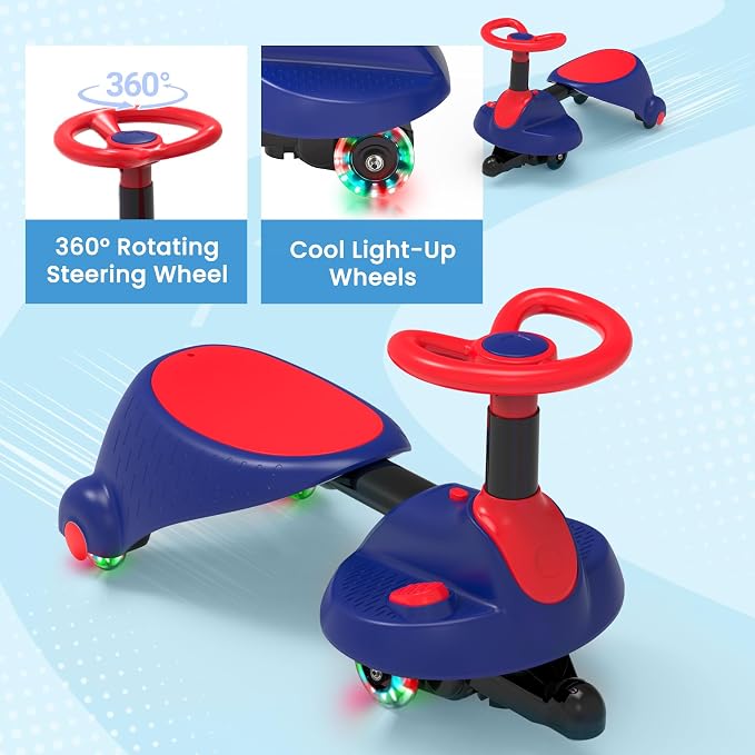 6V Electric Wiggle Car for Kids, 2-in-1 Ride On Swing Toy with Pedal, Adjustable Seat, 360° Steering, LED Flashing Wheels & Built-in Music, Anti-Rollover Ride-on Toy for Toddlers Ages 3+ Blue