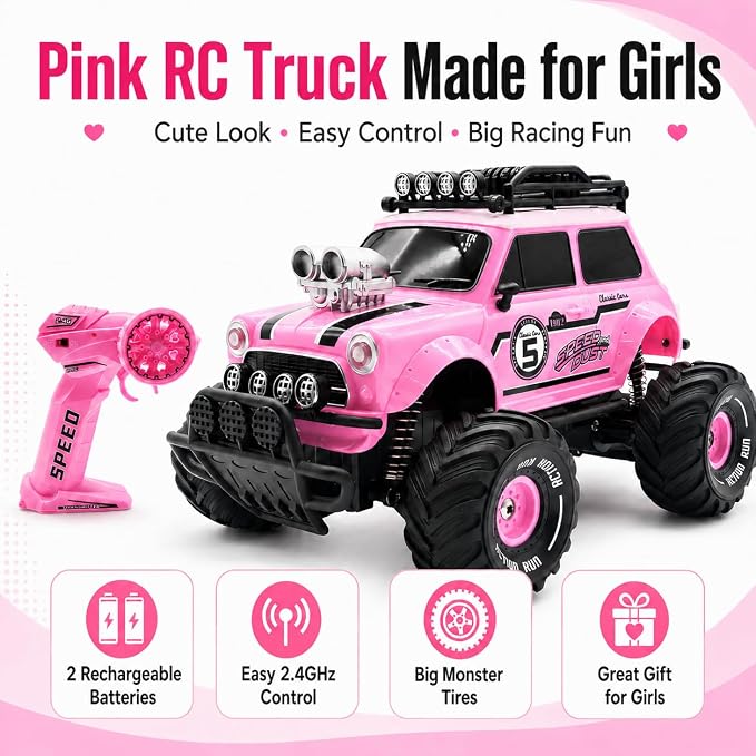 10Leccion Remote Control Car for Girls, Pink RC Truck with 2 Rechargeable Batteries, 2.4GHz Kids RC Monster Truck Toy, Easy Control Birthday Gift for Girls Ages 3-8