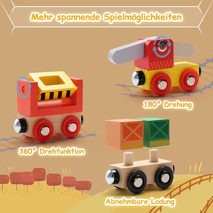 SainSmart Jr. Wooden Train Set 12 PCS - Train Toys with Storage Box, Magnetic Toy Trains Compatible with All Major Brands, Gift for Toddlers, Boys and Girls Aged 3+