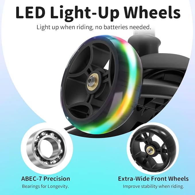 BELEEV A9 Kids Scooter with LED Light-Up Wheels & Deck, 3 Wheel Folding Scooter for Toddlers Girls Boys Ages 3-12, Adjustable Handlebar, Lean to Steer, Extra-Wide Wheels, Kick Scooter for Children
