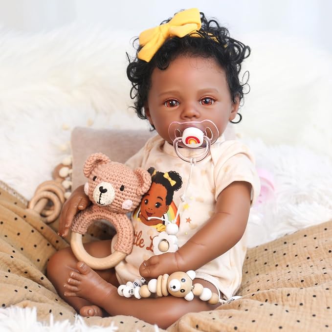WOOROY Realistic Reborn Baby Dolls Black - 18 Inch Real Life Baby Doll African American with Rooted Curly Hair, Lifelike Awake Newborn Soft Cloth Body Poseable, Complete Gift Set for Kids Age 3+