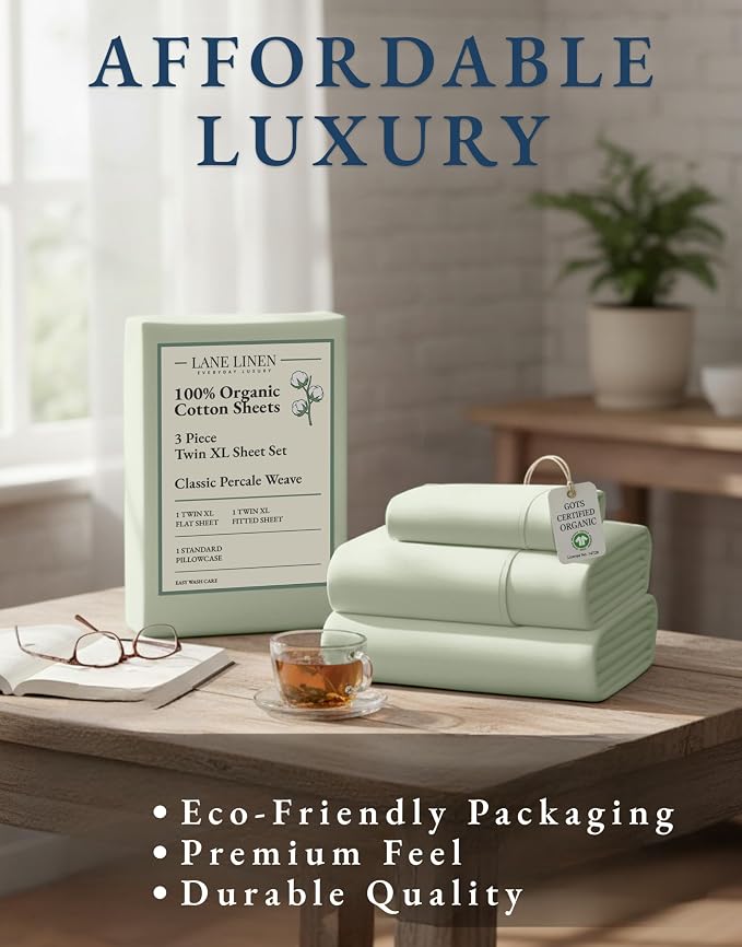 LANE LINEN Twin XL Sheets 100% Organic Cotton 3pc Percale Cooling - Mineral | Twin XL Sheets In GOTS Certified Organic Cotton Percale - Crisp Cool Percale Weave, Great For Gifting, For Hot Sleepers