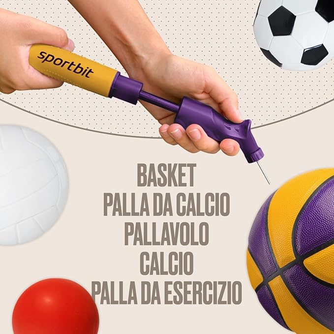 SPORTBIT Ball Pump for Sports Balls - Push & Pull Inflating System - Hand Pump for Exercise Balls - Volleyball Pump, Basketball Inflator, Ball Air Pump - Goes with 5 Needles Set