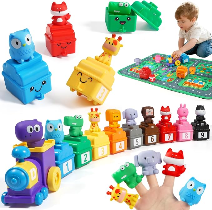 URMYWO Learning Toys for 1 2 3 Years Old Boy Girl, Toddler Montessori Toys, Train Set with 10 Finger Puppets & Play Mat, Counting Matching & Sorting, Toddler Birthday Gift