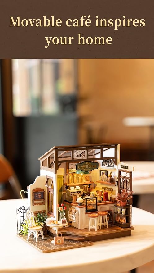 Rowood Coffee Miniature House Kit, Mother's Day DIY Miniature Dollhouse Kits for Adults to Build, Wooden Mini House Model Kits Adults Crafts with LED, Gift on Christmas Birthday for Family-NO.17 Cafe