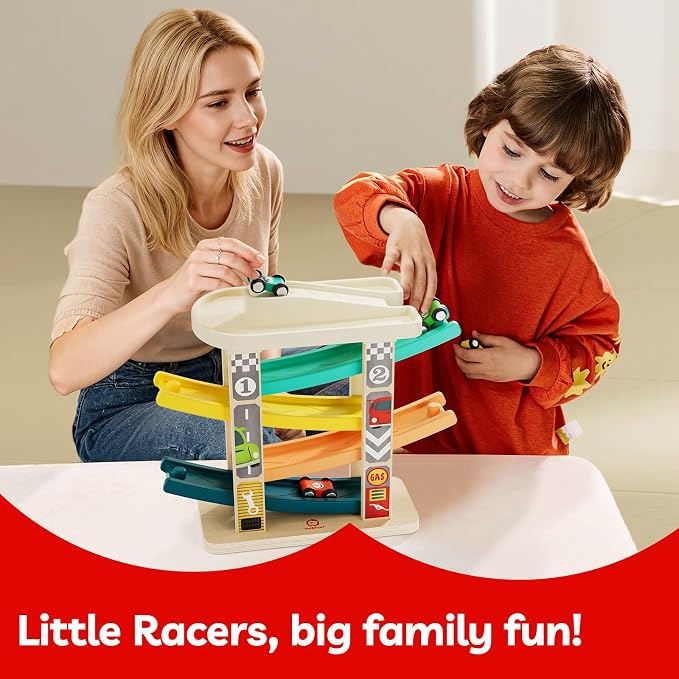 TOP BRIGHT Toddler Toys for 2 Year Old Boy, Wooden Car Ramp Race Track Set, Car Toys for Toddlers 1-3 with Cars and a Garage, Montessori Toys for 12 Year Old Boy Girl,Birthday Gift for Age 18+ Month