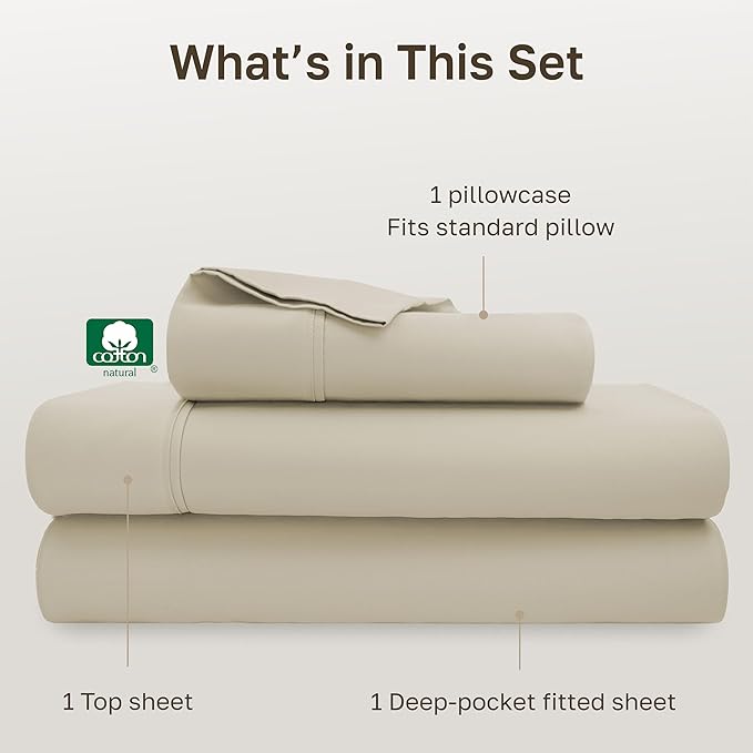 California Design Den Soft 100% Cotton Bed Sheets Twin XL Set, 400 Thread Count Good Housekeeping Award Winner, Silky Smooth Sateen, Breathable and Durable Twin XL Bedding Set - Beige