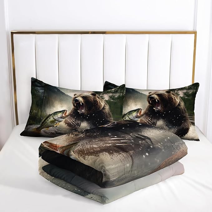 AILONEN Roaring Bear Bedding Set Twin Comforter Set, Fish and Brown Animal Bear Comforter Set,Woodland Forest Wildlife Fishing Bedding Set 3 Pieces Boys Girls Bed in A Bag,1 Quilt and 2 Pillowcases