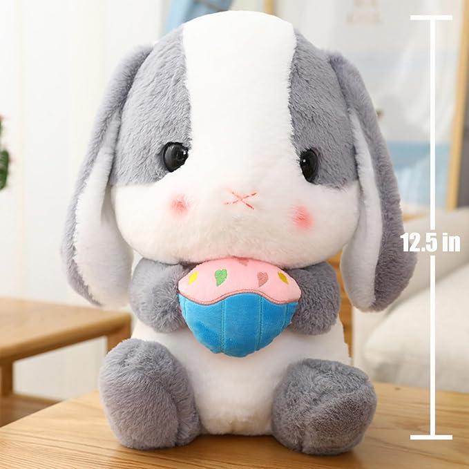 HOUPU Soft Toy - Sitting Lop Eared Rabbit, Easter White Rabbit Stuffed Bunny Animal with Carrot Soft Lovely Realistic Long-Eared Standing Pink Plush Toys (Ash White-Cake,12.5in/32cm)