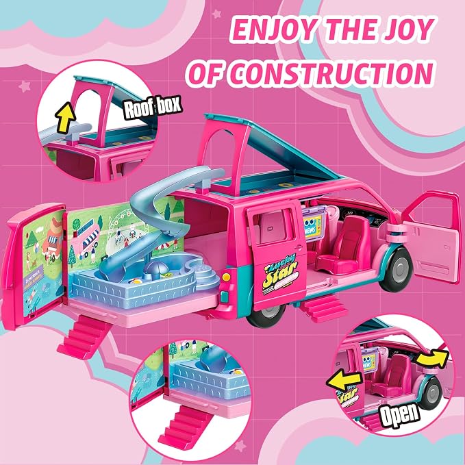 Dollhouse Camping RV Playset for Girls - Kids Camper Van Toy with Slide, Pool, Tent, BBQ Grill & Doll Accessories - Pretend Play Outdoor Adventure Toy Birthday Gift for 3 4 5 6 7 8 Year Old