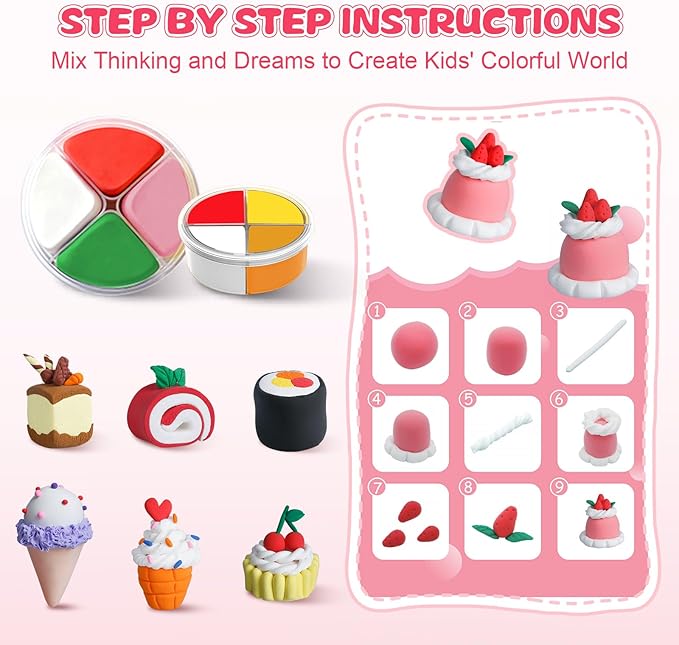 Air Dry Clay Kit, Modeling Clay for Kids, 12 Pack Dessert Theme, Soft Non-Sticky, Non-Toxic DIY Arts & Crafts with Sculpting Tools & Tutorials, Birthday Holiday Classroom Gifts, Party Favors for Kids