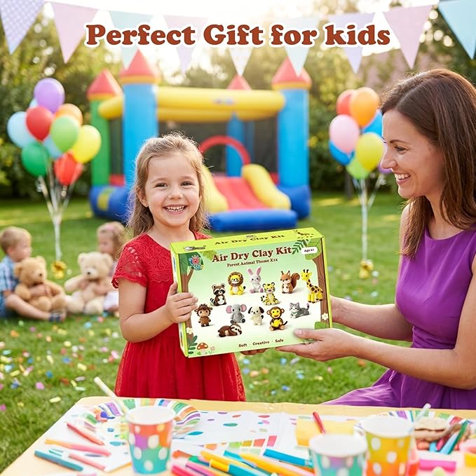 Kids Air Dry Clay Kit – 12 Animal Sculpting Set with Tools & Tutorials | Safe, Ultra-Light, No-Bake Clay | STEM Art Gift for Ages 3+