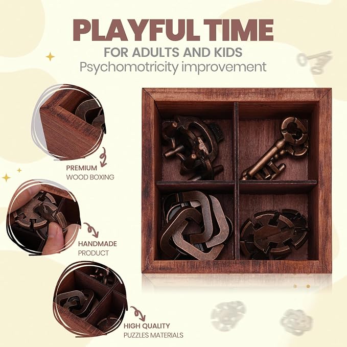Metal Brain Teaser Puzzles for Adults Teens - Brain Teaser Puzzles with Wooden Box 3D Puzzle Game Toys for Adults Teens - Unlock Interlocking Puzzle Adults Teens IQ Education Smart Toys