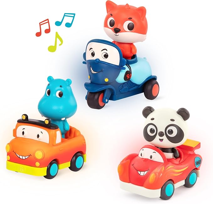 B. toys – Toy Vehicles & Animal Characters – Race Car, Motorcycle, Pick – Up Truck – Toy Cars for Toddlers, Kids – Lights & Sounds – 1 Year + – 3 – Pack Mini Riders