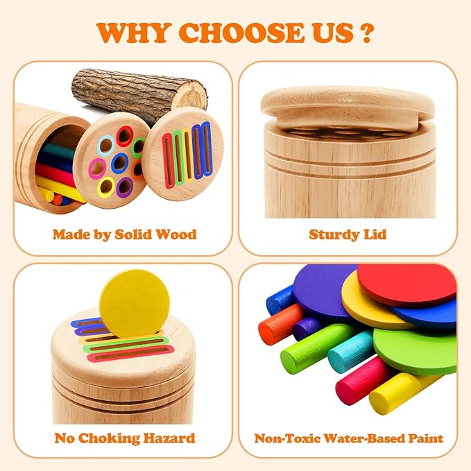 Montessori Color Sorting Toy for Toddlers - 3-in-1 Wooden Fine Motor Set with 3 Interchangeable Lids, Sticks & Discs - Beechwood, Non-Toxic, Ages 18 Months to 4 Years - Gift-Ready Window Box