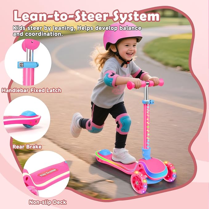 Kids Scooter with Seat, 2 in 1 Kick Toddler Scooter with LED Light-Up Wheels and Light up Deck, 4 Adjustable Heights, Lean to Steer, 3 Wheels Scooter Suitable for Boys & Girls Ages 2-8 Years