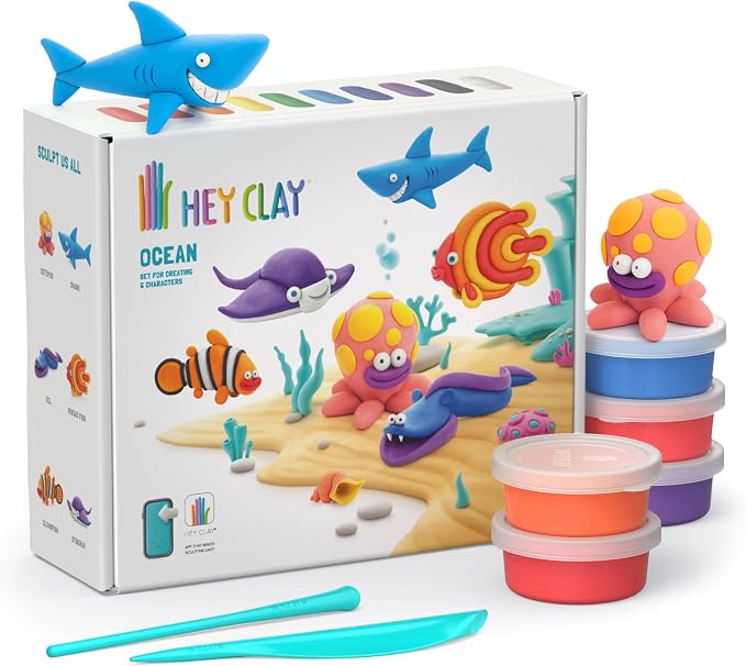Hey Clay 15 Cans Set - Colourful Modelling Kids Air-Dry Clay 15 Cans with Sculpting Tools and Fun Interactive Instructions for Children Age 3+ (Ocean)