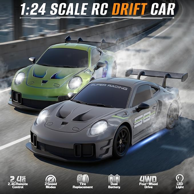 RC Drift Car, 1:24 4WD Remote Control Cars Vehicle with LED Light,2.4GHz 20KM/H High Speed RC Cars with Two Batteries & Drifting Tires Racing Sport Toy for Adults Boys Girls Kids