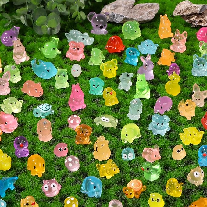 DIYDEC 184PCS Luminous Mini Resin Animals, Miniatures Figures Glow in The Dark Small Tiny Toys to Hide Little Ducks Decor for Party Favors Bag Fillers Fairy Garden Dollhouse Accessories