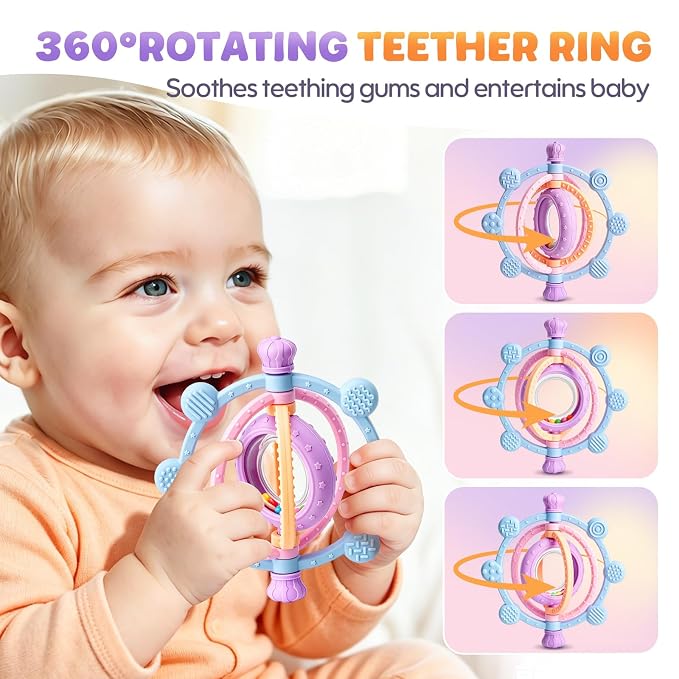 Baby Teething Ring Toys 3-6 6-12 Months, Silicone Sensory Rattle Teether Toys for Teething Relief, Baby Newborn Essentials Chew Toys for Sucking Needs, Infant Shower Gifts & Baby Toys