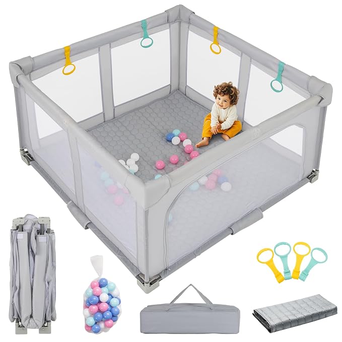 INFANS Foldable Baby Playpen with Mat, 50” x 50” Large Baby Play Yard for Infant with 50 Ocean Balls, 4 Handlers, Carry Bag, Indoor Outdoor Fence Toddler Activity Center (Gray, 50” x 50”)