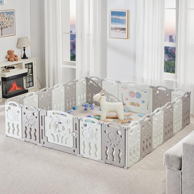 Albott Baby Playpen 22 Panel Foldable Baby playpen Folding Play Pen Kids Activity Centre Safety Play Yard Home Adjustable Shape, Portable Design for Indoor Outdoor Use (White+Grey, 22 Panel)